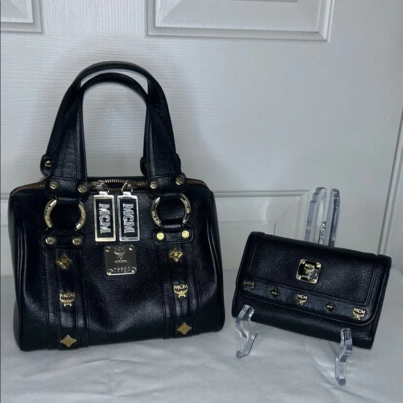 MCM Boston Mini Black Pebble Leather Bag, Matching Wallet Gold Hardware Vintage - Picture 1 of 17